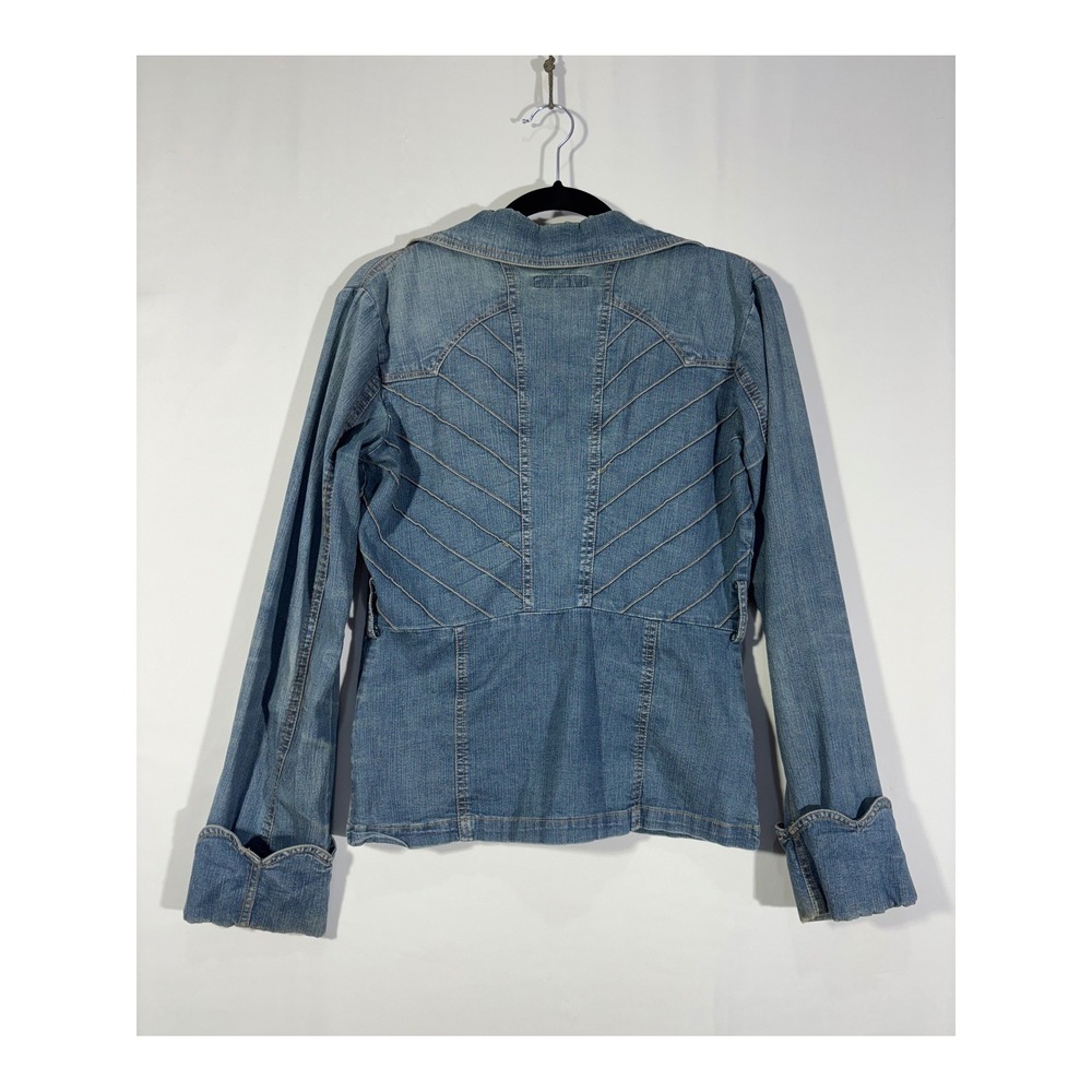 Retro Boho Tulle Denim Stitched Blazer Jacket Womens Small Blue - Picture 2 of 8